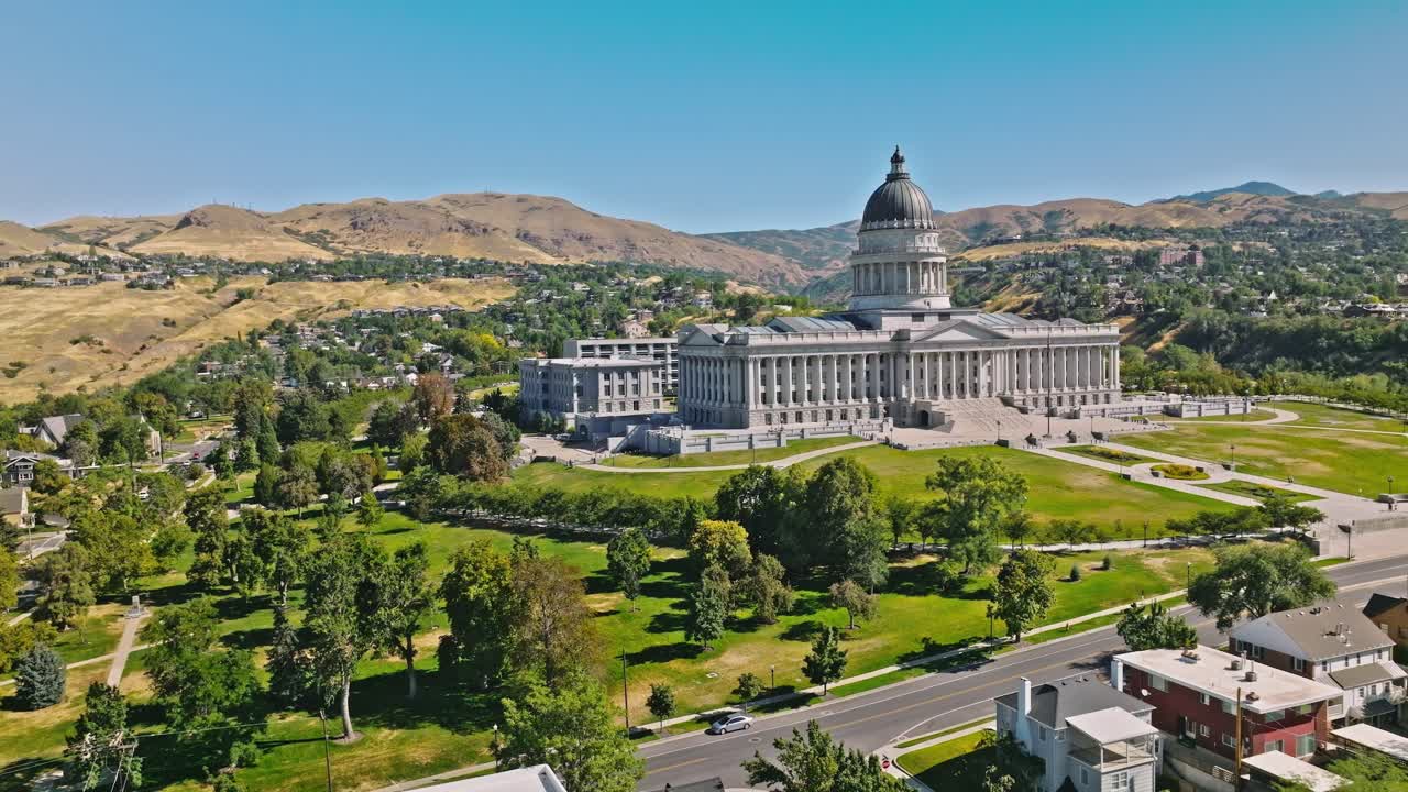 Aerial drone shot of Utah capitol building in Salt Lake City, UT