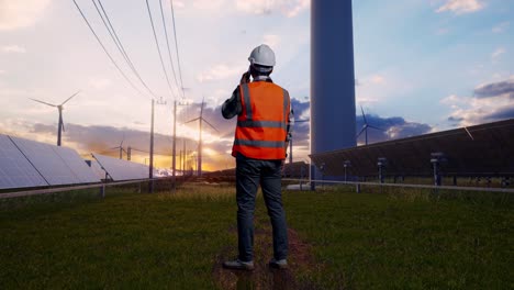 full body back view of asian male engineer with safety helmet talking on smartphone while standing with solar panel and wind turbines