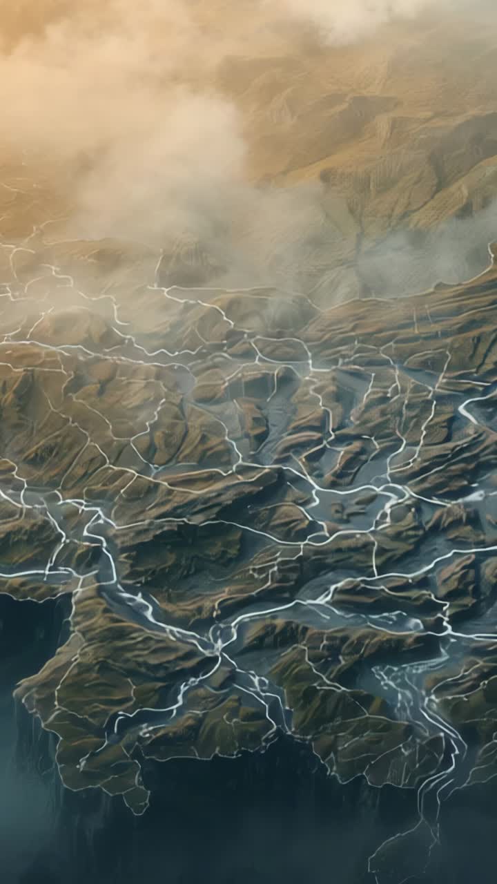 Vertical video: Pulsing river veins highlighting valleys as sunrise light hits peaks, with mist
