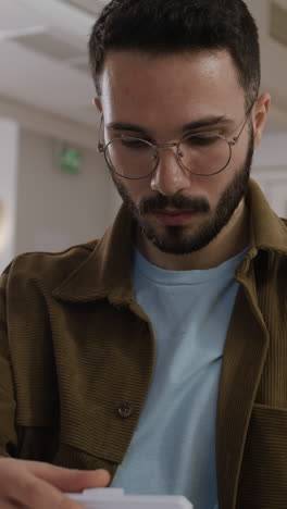 a man with a beard and glasses indoors