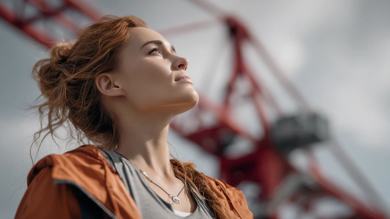 A contemplative moment as a young woman gazes thoughtfully upwards against a backdrop of industrial elements and a cloudy sky, embodying introspection and wonder