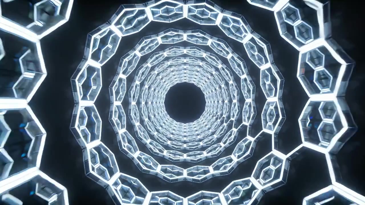 Telecamera CGI animata che spinge anelli esagonali concentrici verso un vuoto centrale, creando profondità, con luci pulsanti.