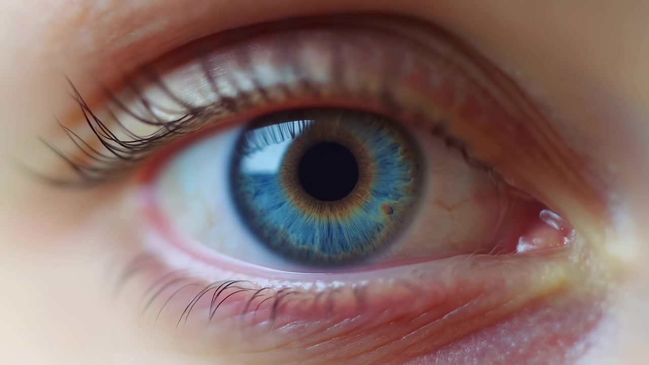 Extreme close-up holds on an open blue eye as subtle natural movement shifts its gaze, while fine iris fibers, eyelashes, eyelid texture, and reflected window light stay clearly visible.