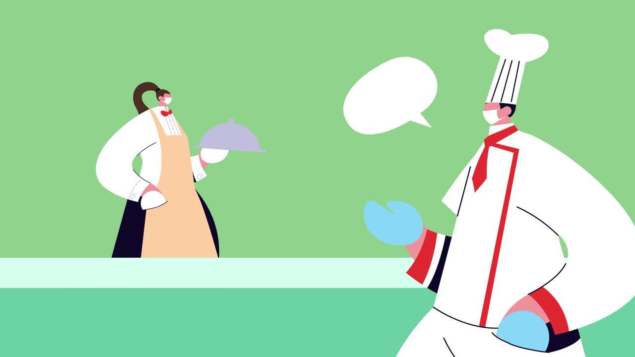 요리사와 웨이터가 covid-19 보호를 위해 의료 마스크를 착용합니다.