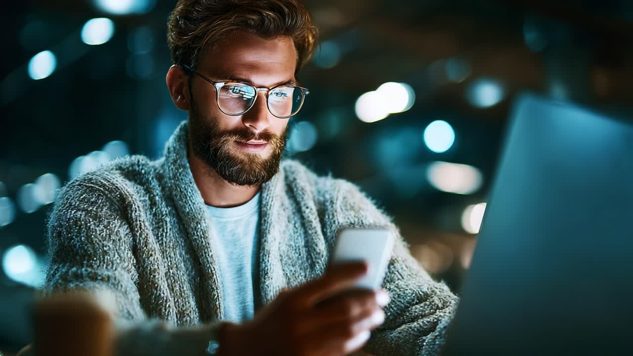 A focused young man in a cozy sweater engages with his smartphone while working on a laptop in a softly lit environment, capturing the essence of modern productivity and technology use at night