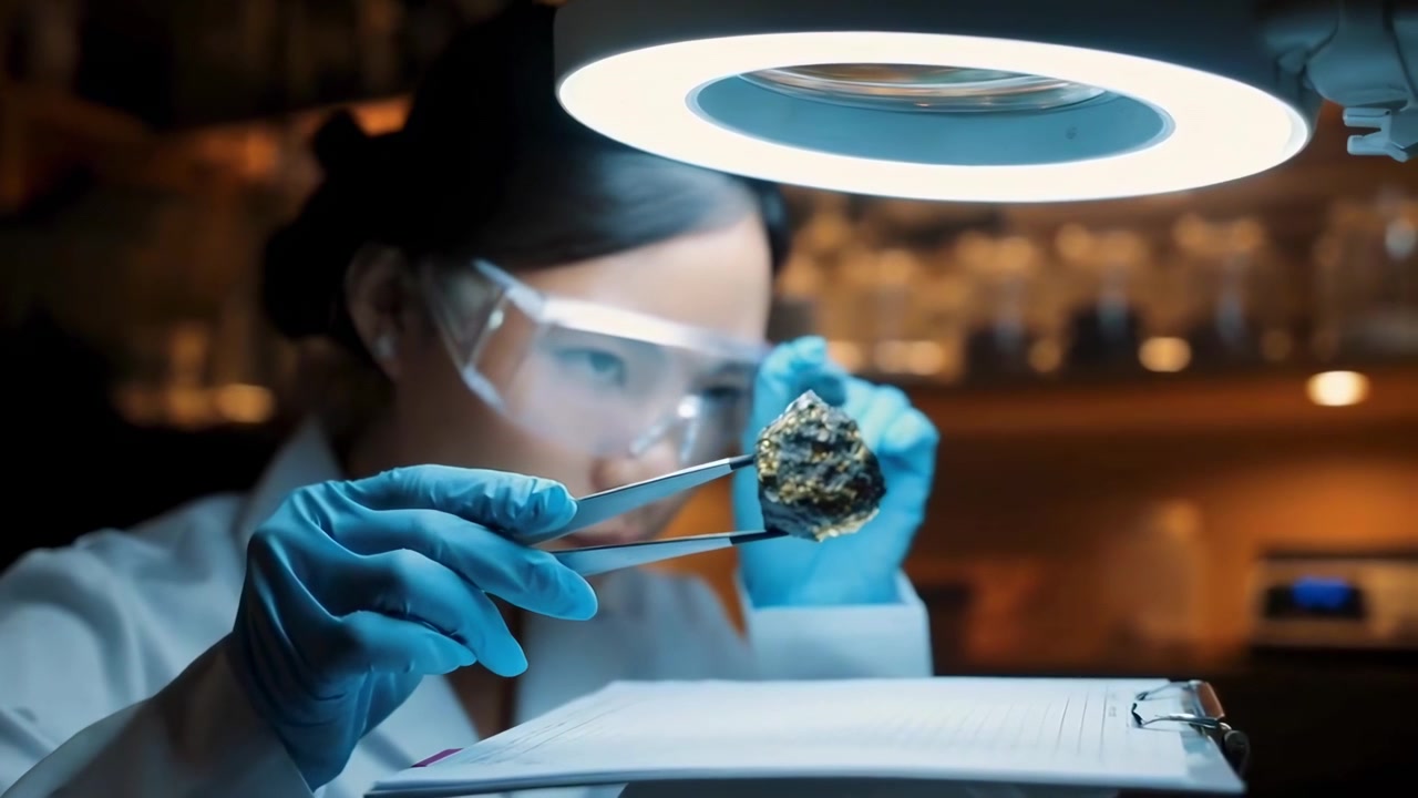 Scienziato che esamina un campione di minerale in laboratorio