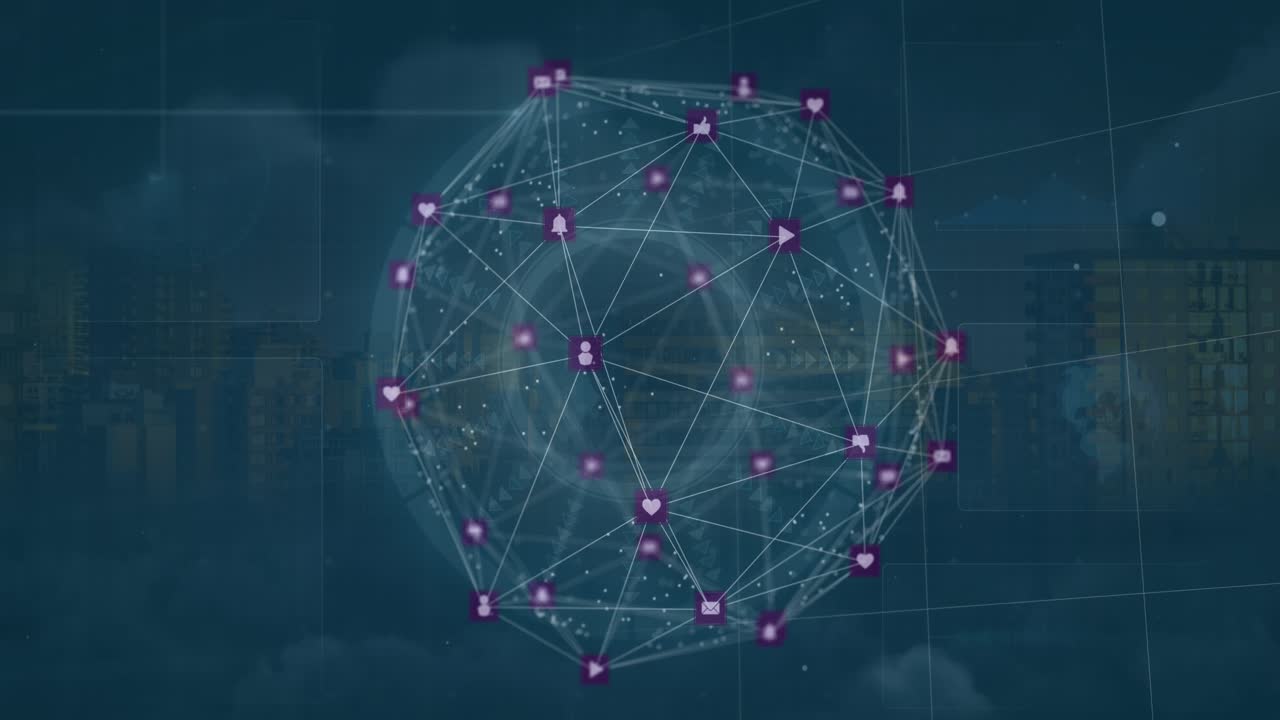 Animation of digital computer icons interconnecting with lines and forming globe against buildings