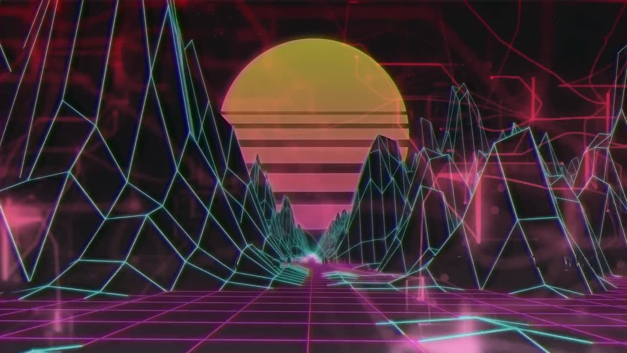 animación de procesamiento de datos y montañas digitales sobre fondo negro