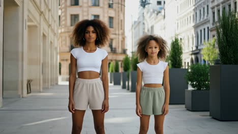 woman and girl exercising together in urban street