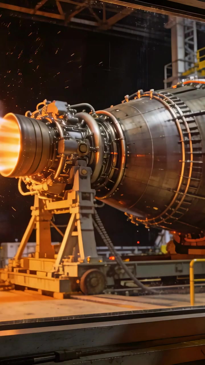 Vertical video: Firing turbine engine emitting amber exhaust plume during test, showing hoses
