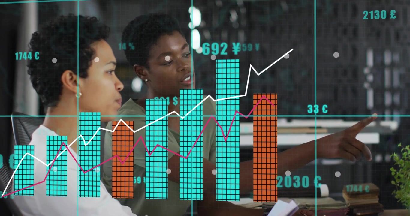 Team analyzing finance grid appearing charts animating speaker gesturing listener noting
