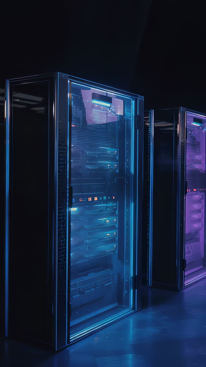 Vertikal video: Panorering af kamera hen over serverracks med glasfront i datacenter, der viser LED-skift