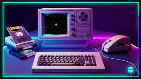 retro computer setup with neon lights and hand interaction