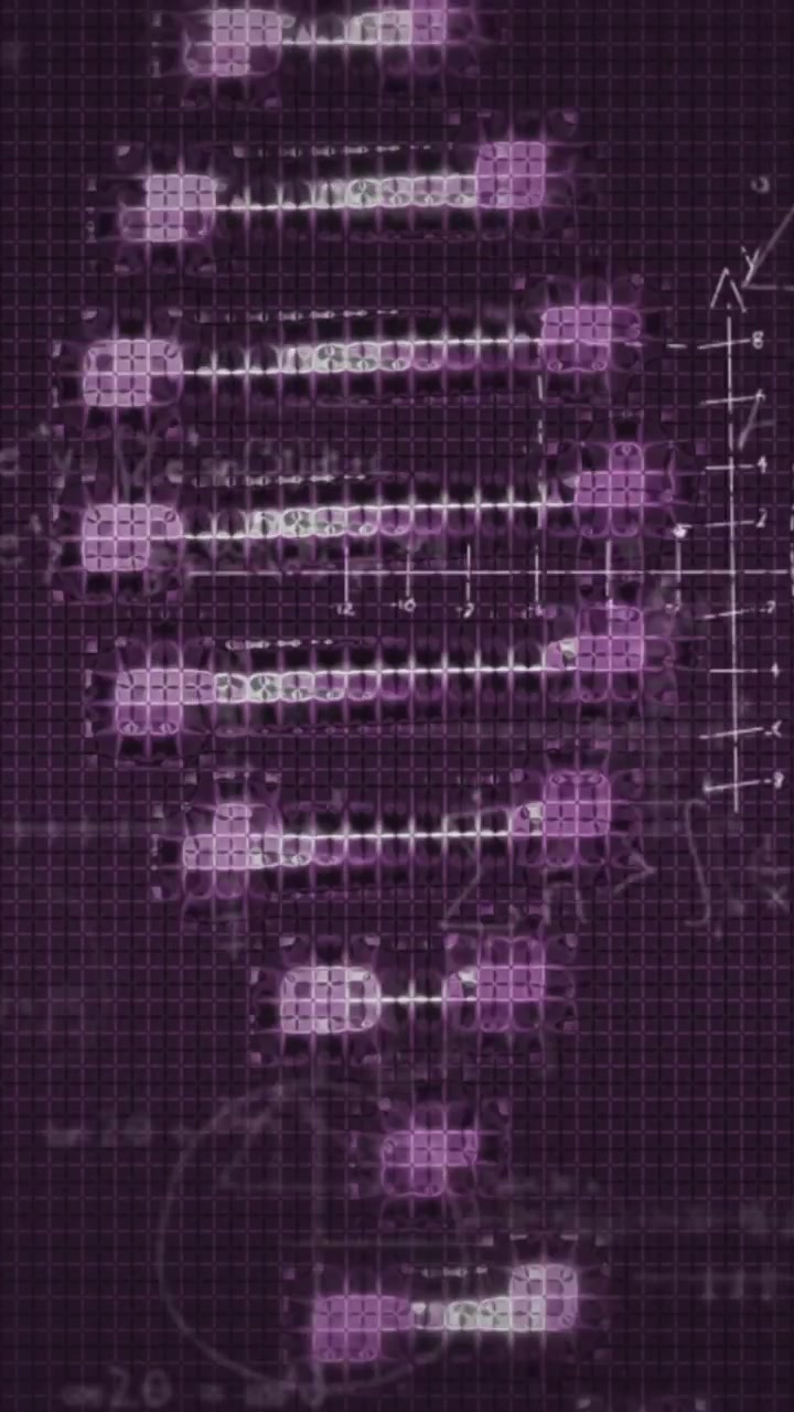 Animation of mathematical formula and shapes moving over DNA on purple background