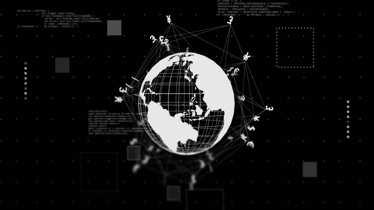 Animation of globe with currency signs and data processing over black background