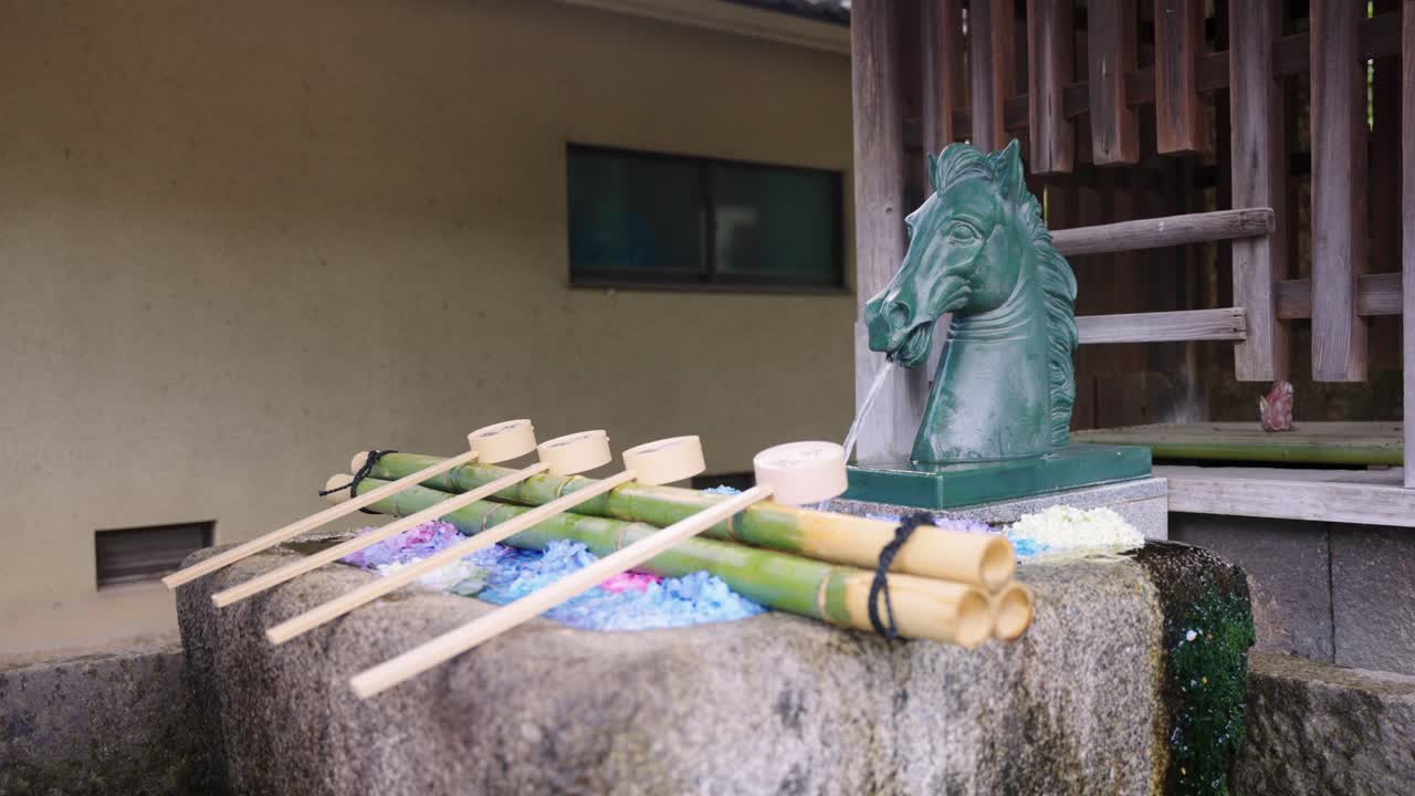 Fujinomori Temple in Japan, Temizu Fountain with Ajisai Flowers in Early Summer