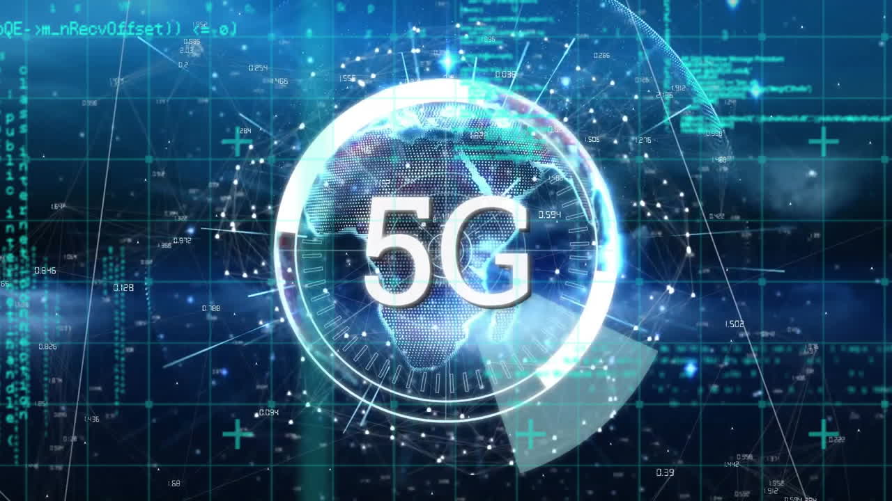 animazione di testo 5g, rete di connessioni con icone e elaborazione dei dati