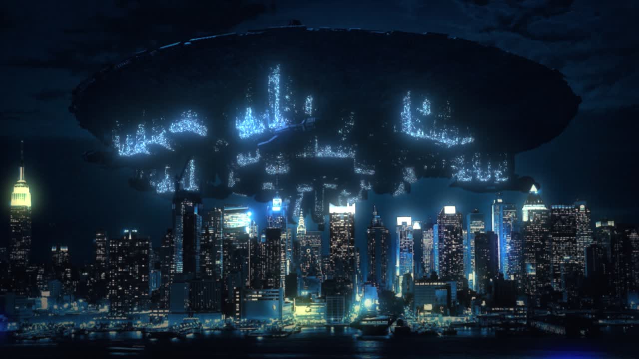 Stunning 3D CGI render of a vast alien UFO mothership, hovering and rotating slowly and menacingly above a modern city, at night illuminated with millions of blue lights