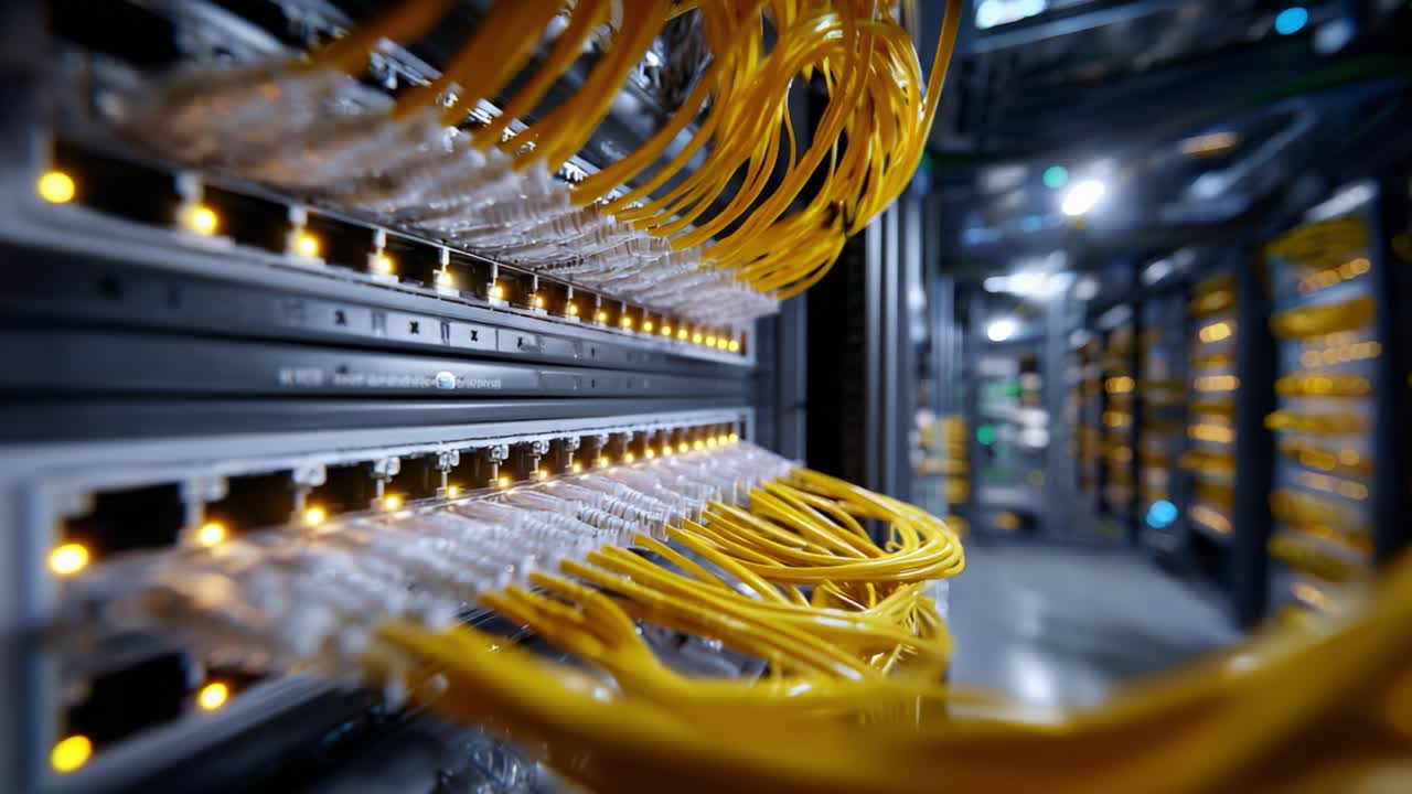 A Close-Up View of Network Cables in a Data Center, Showcasing the Intricate Connections and Illuminated Ports for High-Speed Data Transmission
