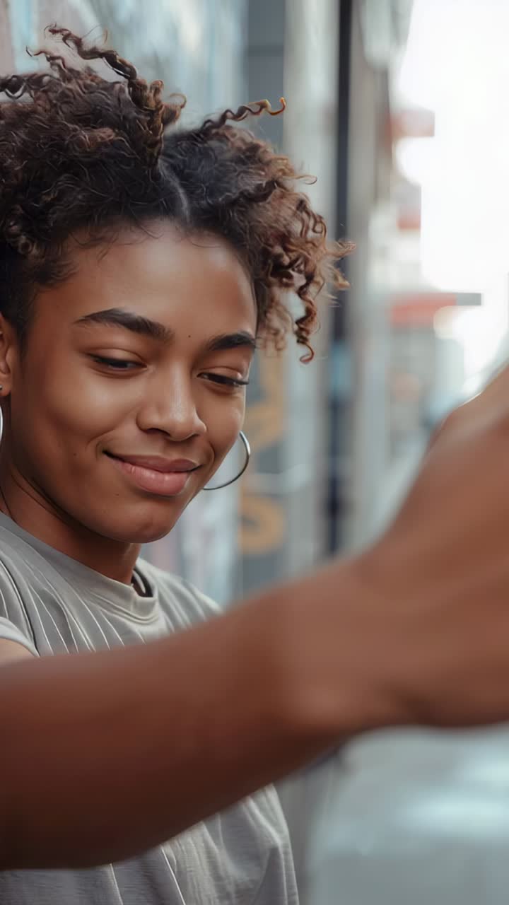 Vertical video: Tilting woman toward phone held by pal for filming street in striped top and hoops