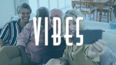 vibes text against two senior diverse couple taking a selfie from smartphone