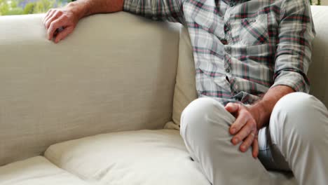 Portrait-of-smiling-senior-man-sitting-on-sofa-in-living-room
