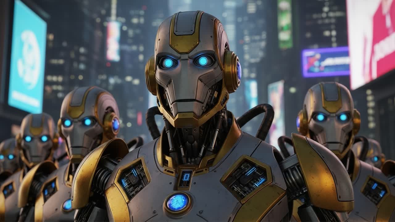 An Intriguing Assembly of Futuristic Robots with Glowing Blue Eyes in a Vibrant Cityscape Filled with Digital Advertisements and Neon Lights