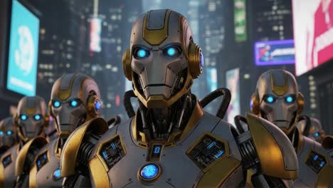 an intriguing assembly of futuristic robots with glowing blue eyes in a vibrant cityscape filled with digital advertisements and neon lights