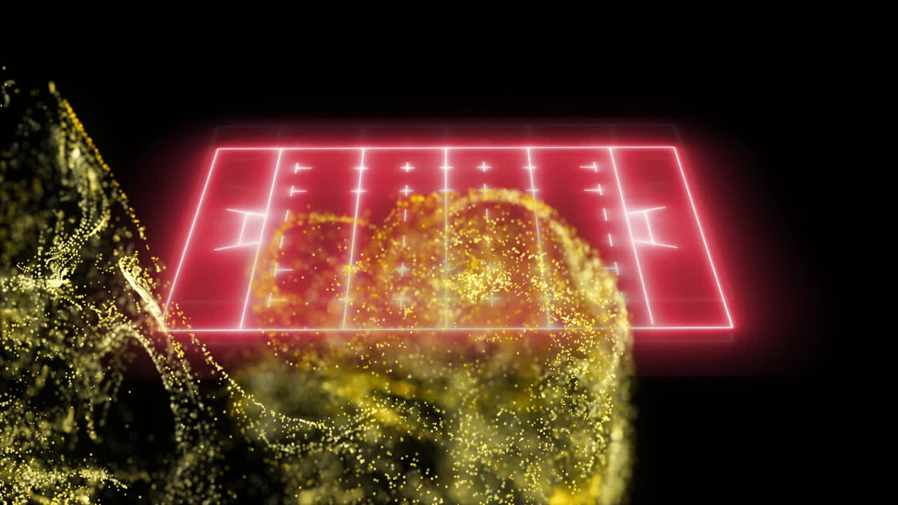 Animazione di scie luminose scintillanti che si muovono su un campo sportivo su sfondo nero.