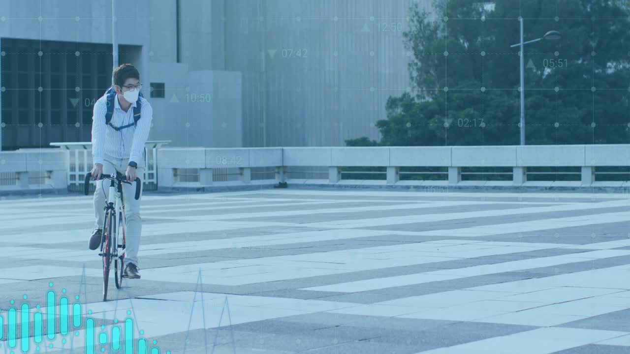 Commuting cyclist pedaling in plaza animating tech graph with icons for services and transport