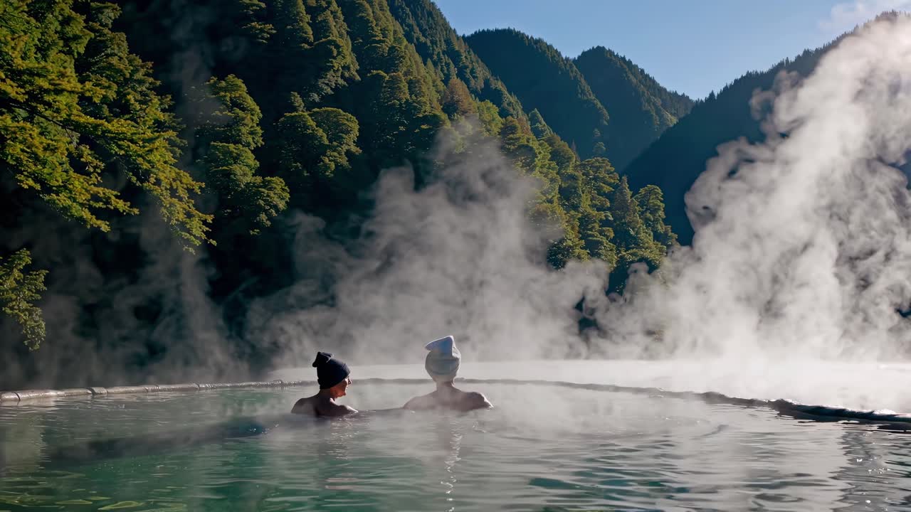 산 의 온천 에서 휴식 하는 부부
