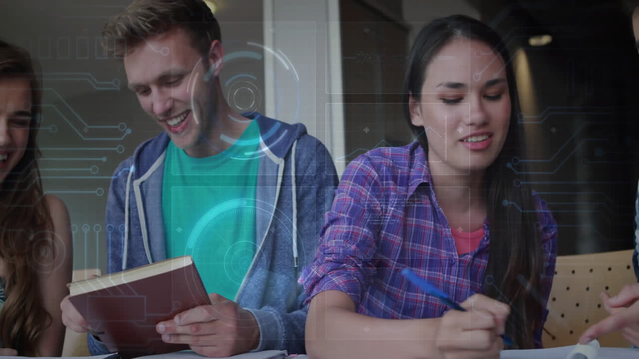 Three students writing notes at table, interacting with circuit graphics showing education data