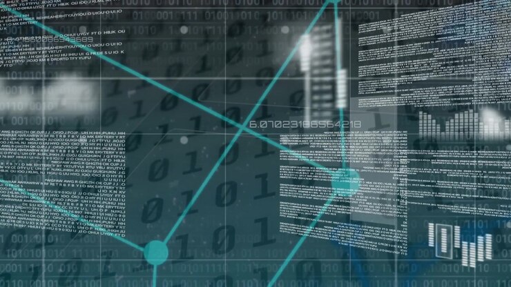 Animation of connected dots forming cube over computer language and binary codes on black background