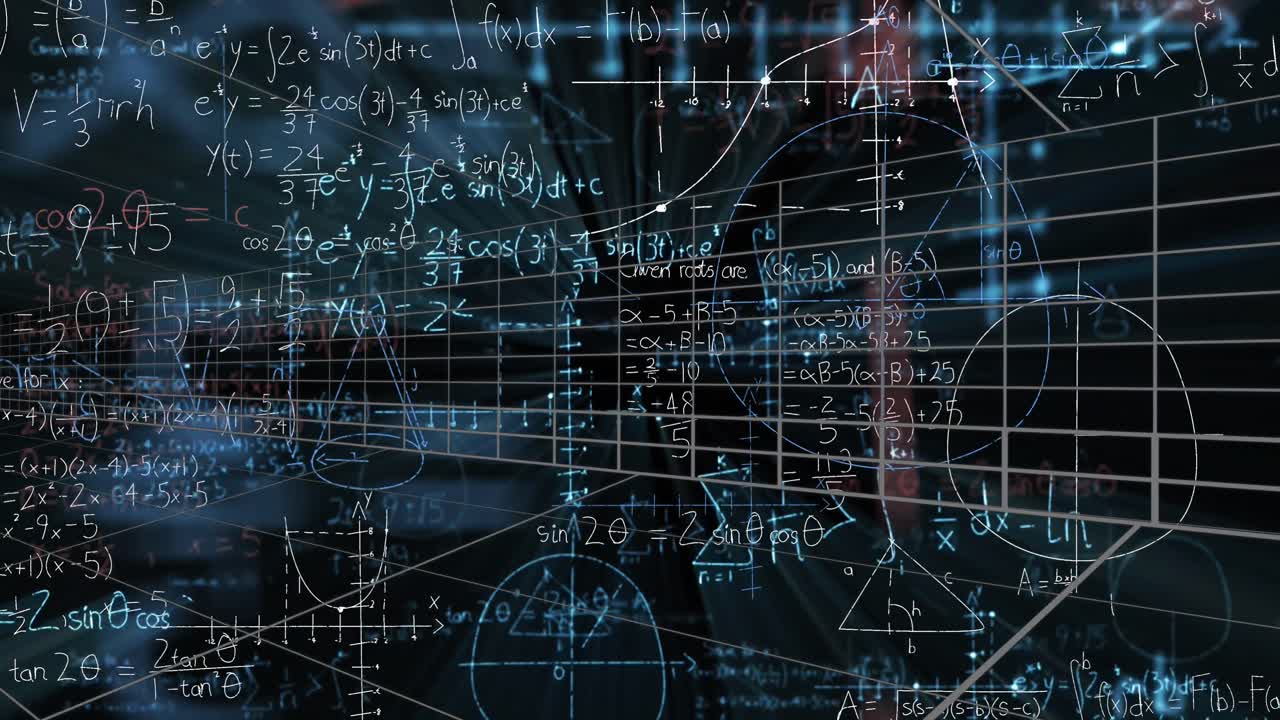 animación de una pantalla digital con datos y fórmulas matemáticas sobre un fondo negro