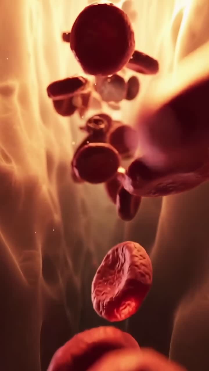 Close-up video of red blood cells flowing, captured from a dynamic, immersive angle