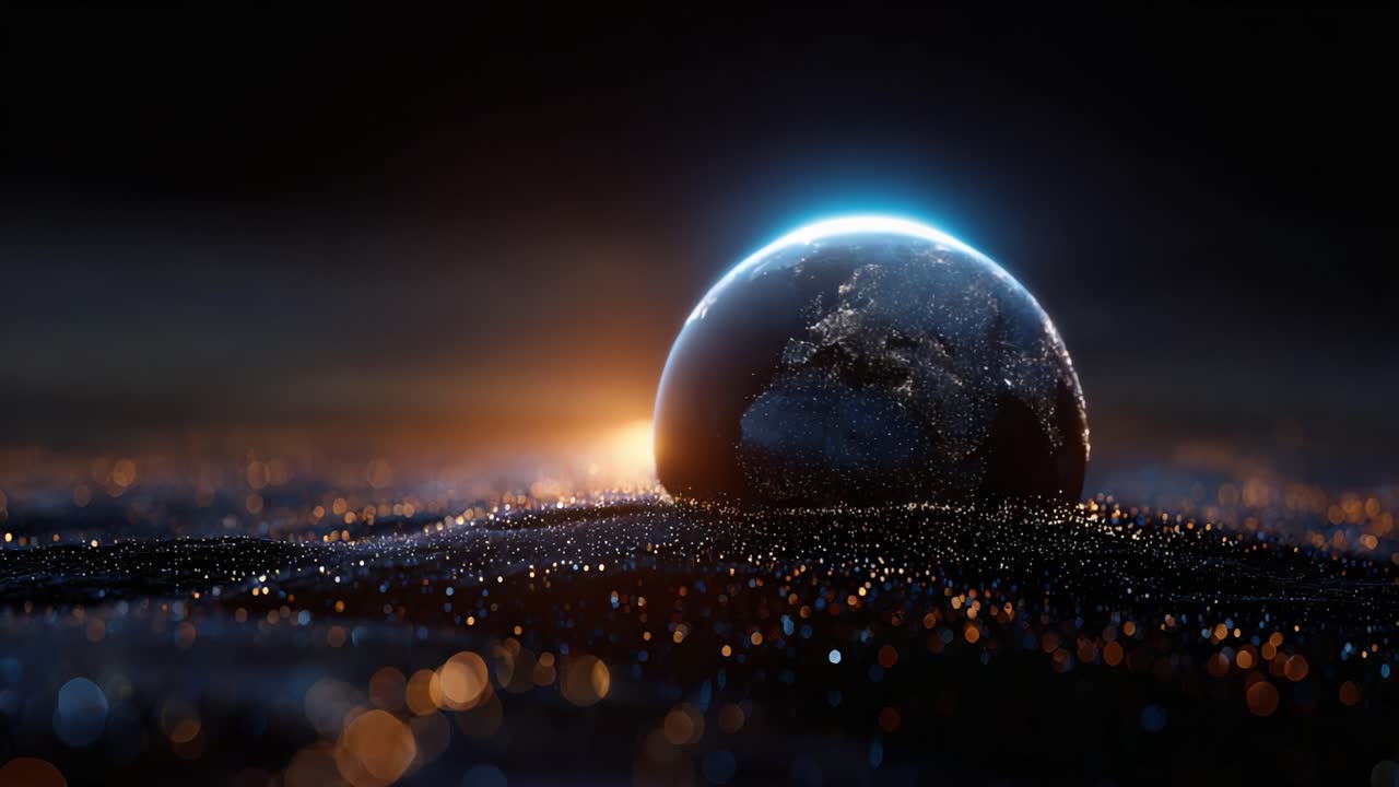 Een adembenemend uitzicht op de aarde, omgeven door een kosmisch landschap, dat de schoonheid van licht en donker benadrukt in een uitgestrekt universum bij zonsopgang