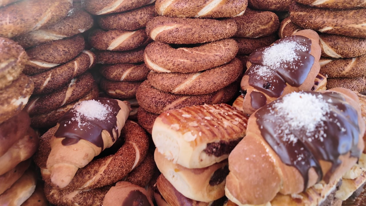 Close-up of Freshly Baked Simit, Chocolate Croissants, and Pastries