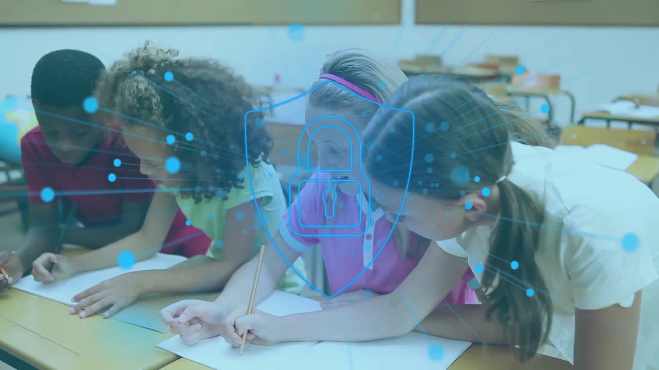 Elementary students writing floating blue data nodes merging into shield padlock for security