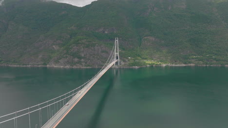 aerial shot of traffic flow on hardanger bridge over fjord, norway