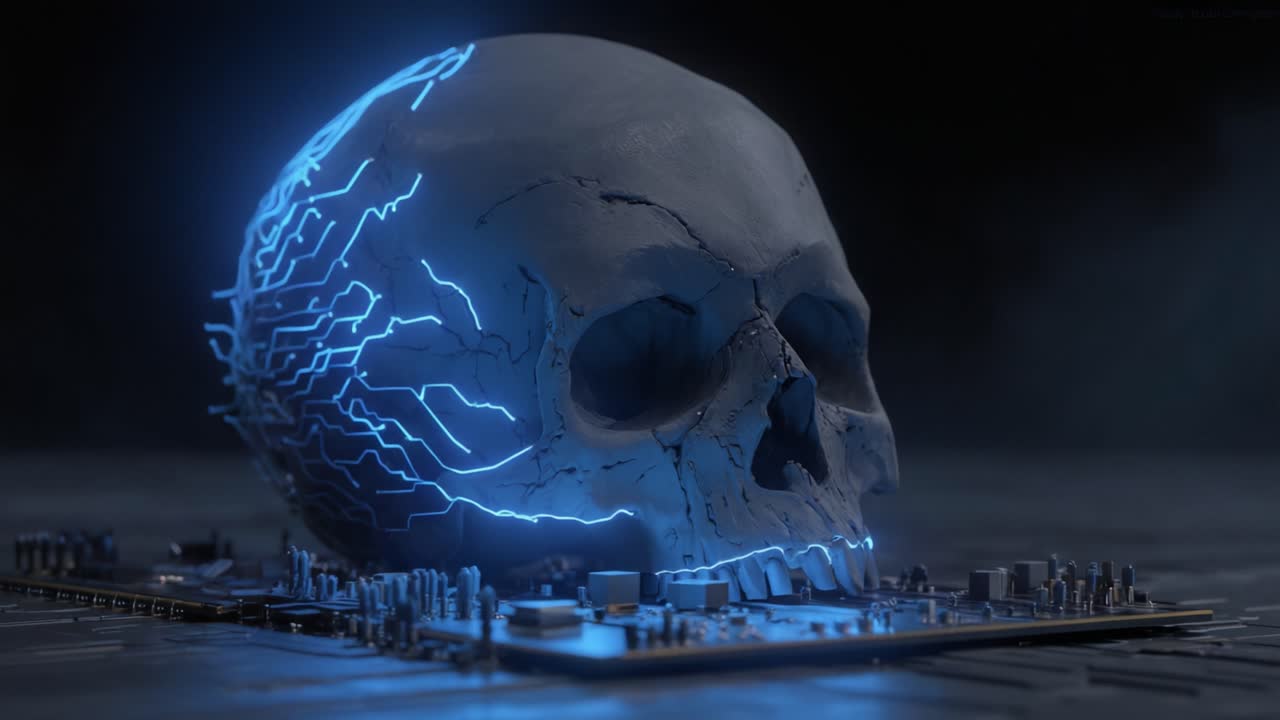Un'opera d'arte raffigurante un teschio futuristico e cibernetico che fonde la mortalità umana con la tecnologia, mostrando intricati schemi di circuiti che brillano di un blu elettrico su uno sfondo scuro.
