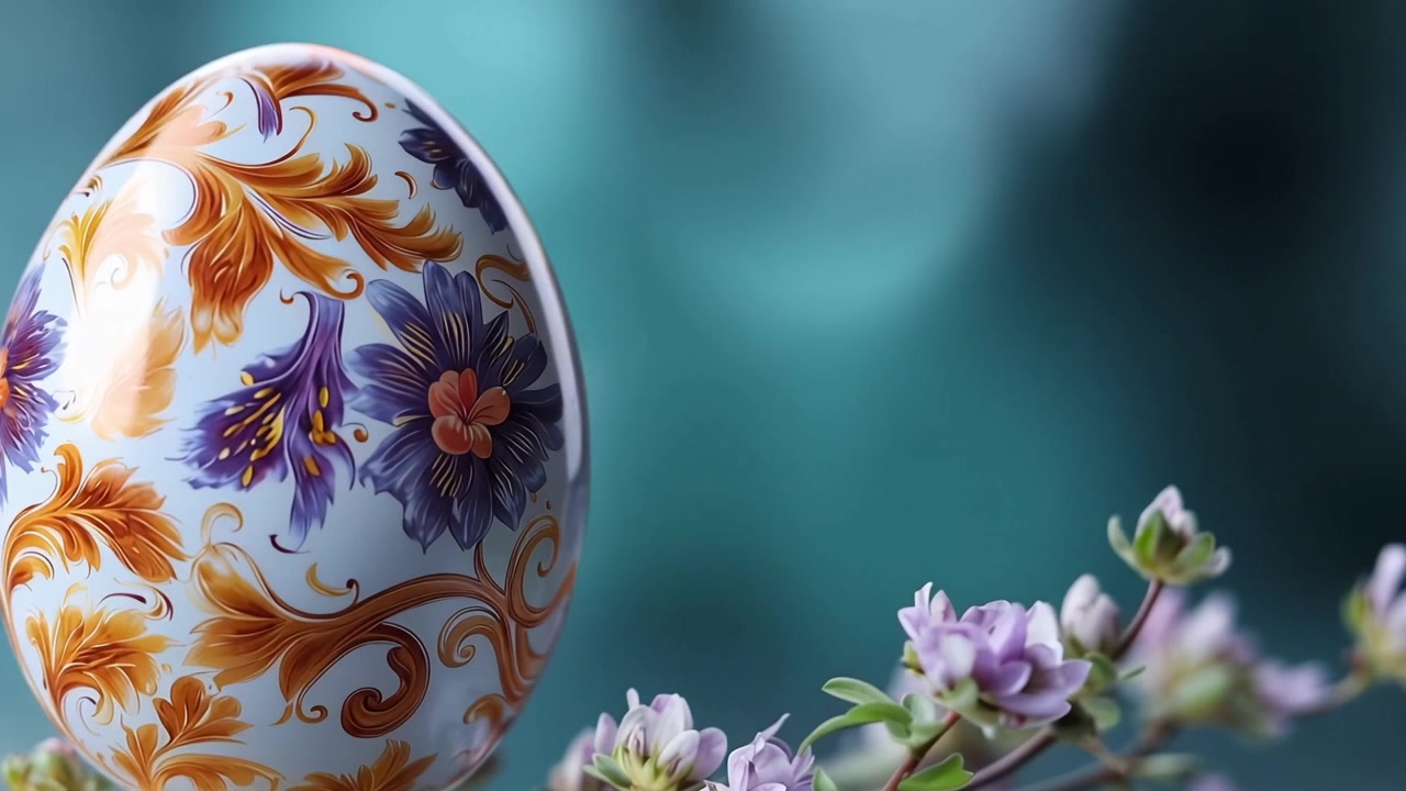 Uovo di Pasqua finemente decorato con motivi floreali e sfondo bokeh.