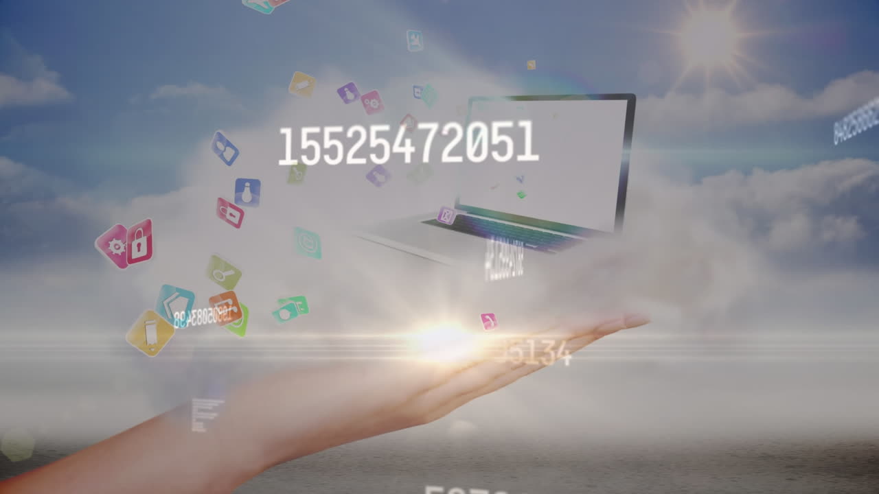 클라우드 상의 데이터 처리 및 미디어 아이콘의 애니메이션