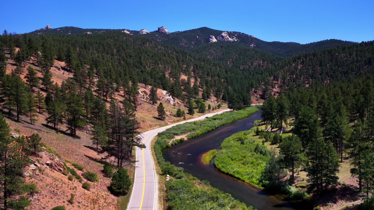Summer windy road Deckers South Platte River Conifer Pine aerial drone Colorado Trail Foxton North Fork Buffalo Creek Platte Canyon morning sunny blue sky Pike National Forest forward pan up