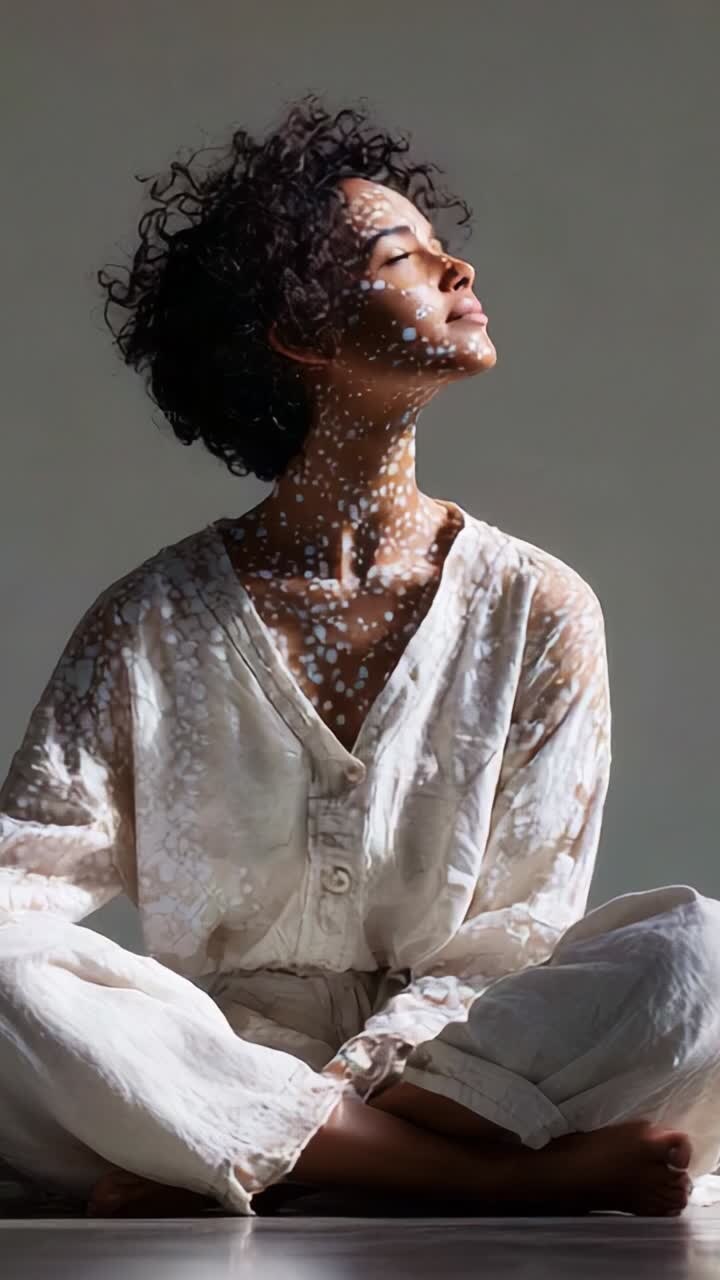 Una donna serena e contemplativa che accoglie luci e ombre riflette un momento di tranquillità, catturato magnificamente attraverso texture delicate e pattern delicati