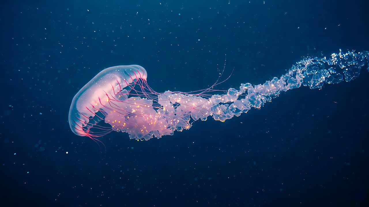 Pulsing pale jellyfish contracting bell and moving through deep blue water with trailing tentacles
