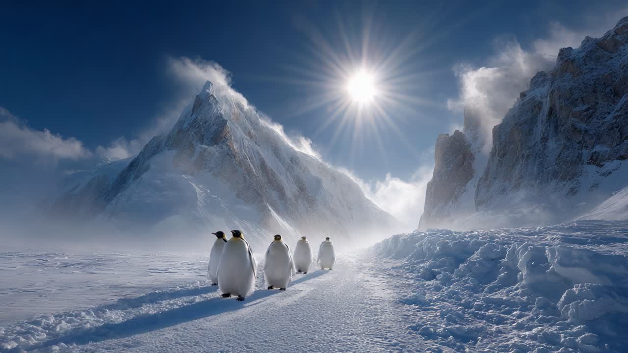 Majestic Penguins Trekking Through an Icy Wilderness Beneath a Brilliant Sun; A Stunning Display of Nature's Beauty and the Resilience of Wildlife in a Frozen Landscape