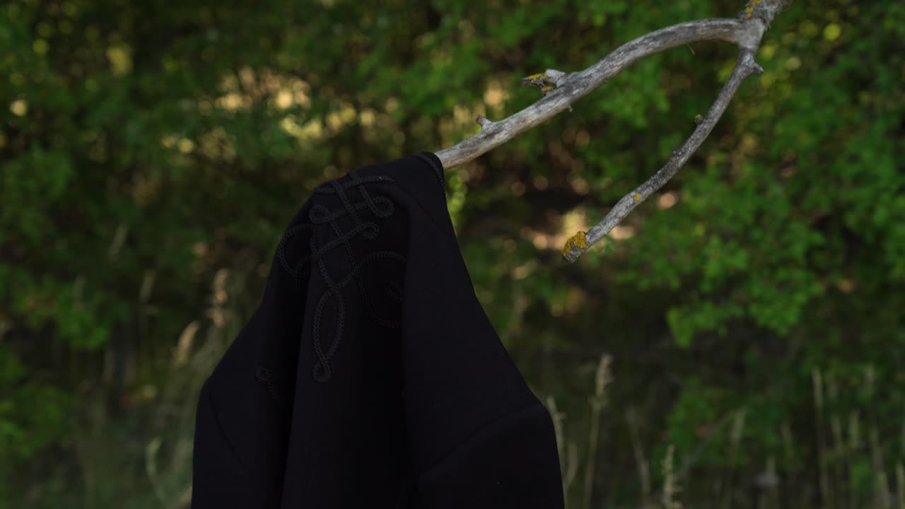 el poeta húngaro sandor petofi cuelga el abrigo en una rama en un lugar sombreado