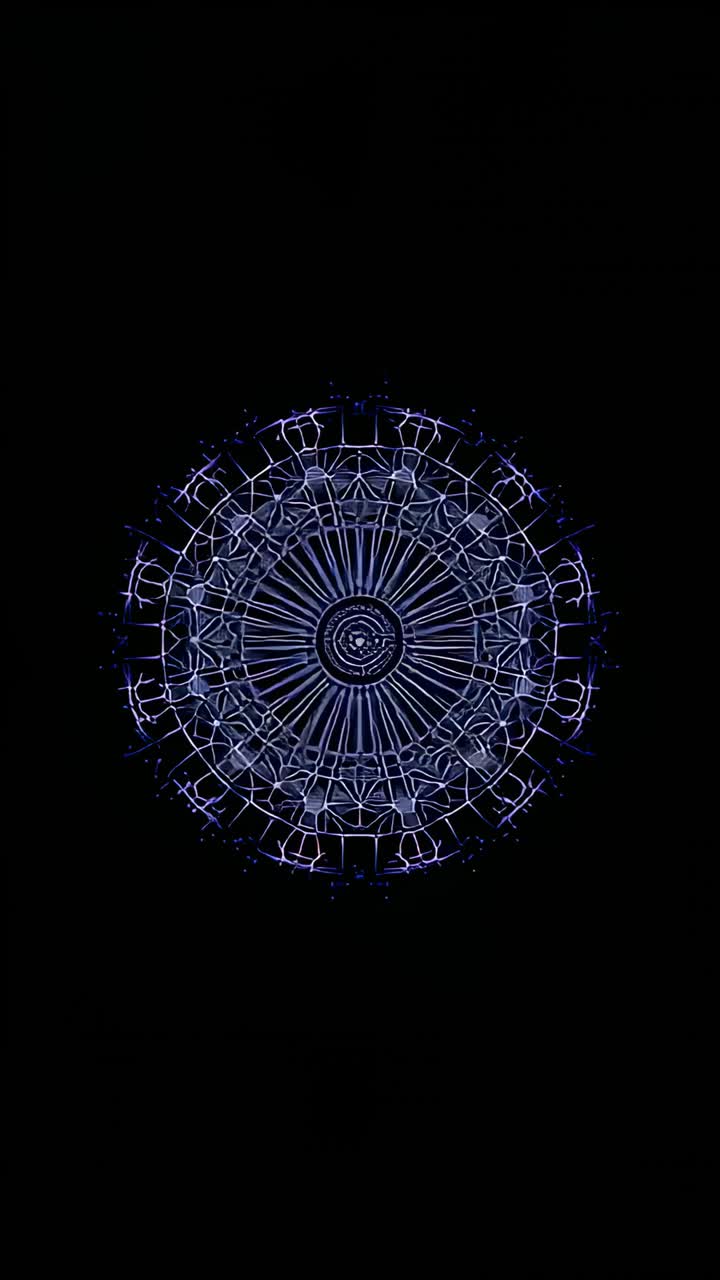 Vertical video: Glowing blue mandala brightening, rotating and pulsing on dark field, with sparks