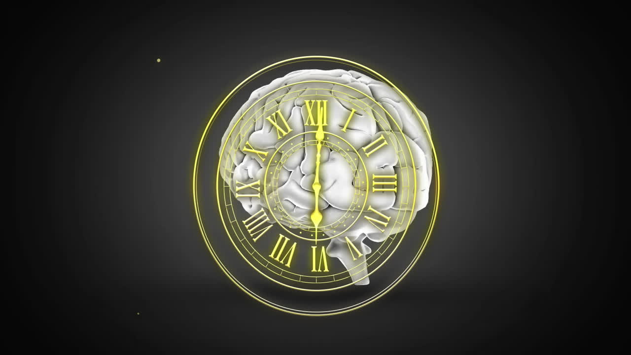 Animation of clock face with Roman numerals over brain illustration