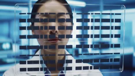 a focused scientist analyzing advanced data displays, showcasing modern technology and research innovation, while engaging with digital interfaces in a lab environment